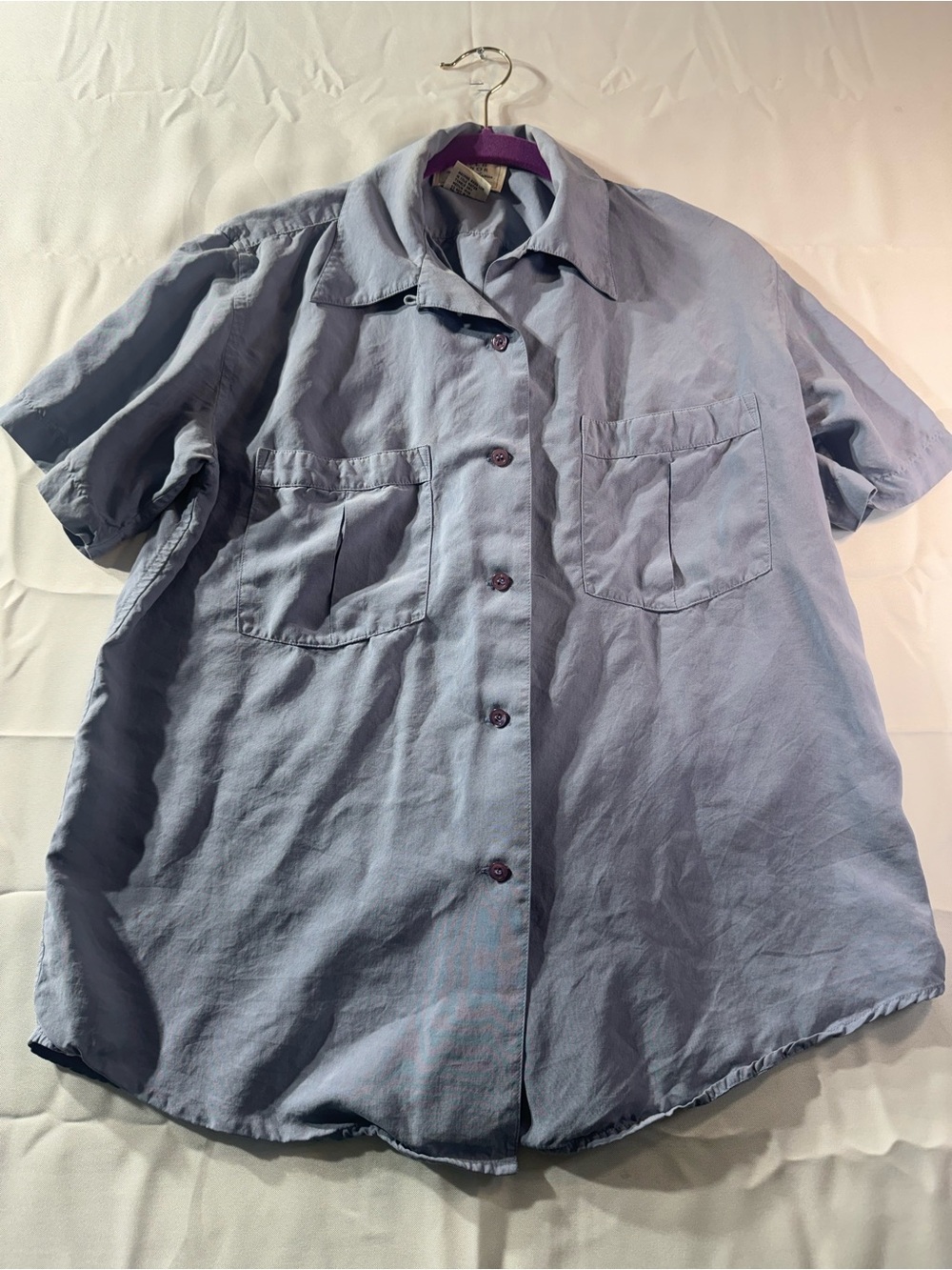 100% Silk Field Manor Medium Light Blue Short-Sleeve Button Front Women’s Shirt